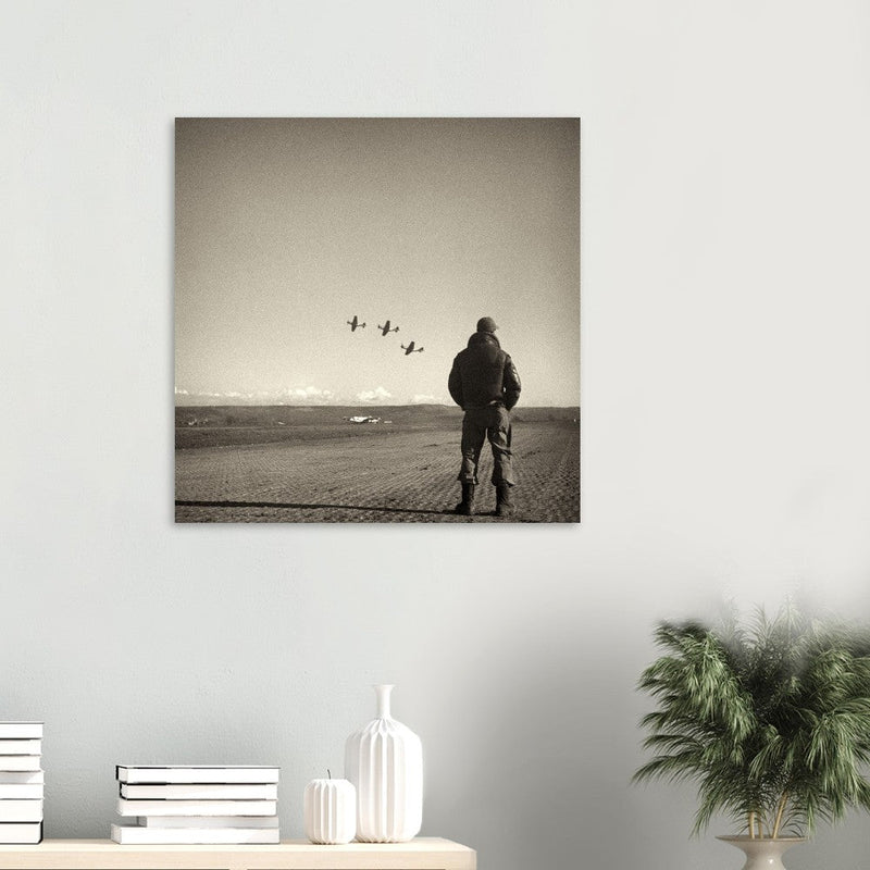 Airman standing in airfield in Italy 1945. Fine art black and white toned print