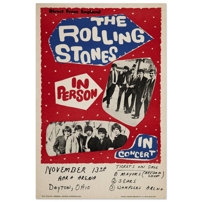 Rolling Stones music concert poster. Performance in Dayton Ohio USA 1964 .