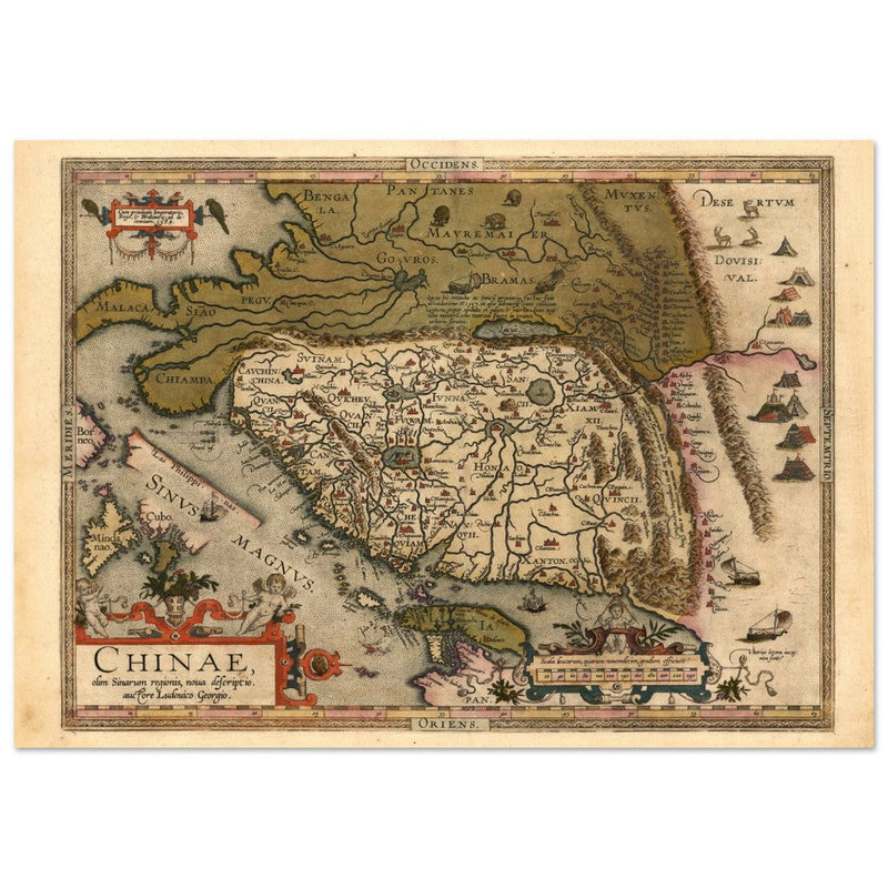 Ancient map of China by cartographer Abraham Ortelius 1584. Vintage historic map.
