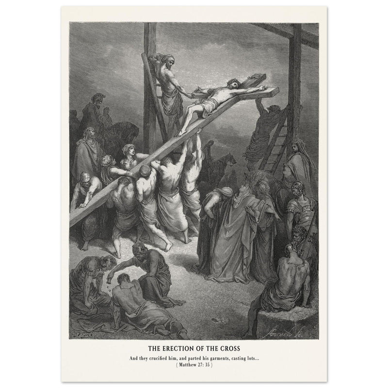 Gustave Dore The Bible engraving print . The Crucifixion  illustration .The erection of the cross.