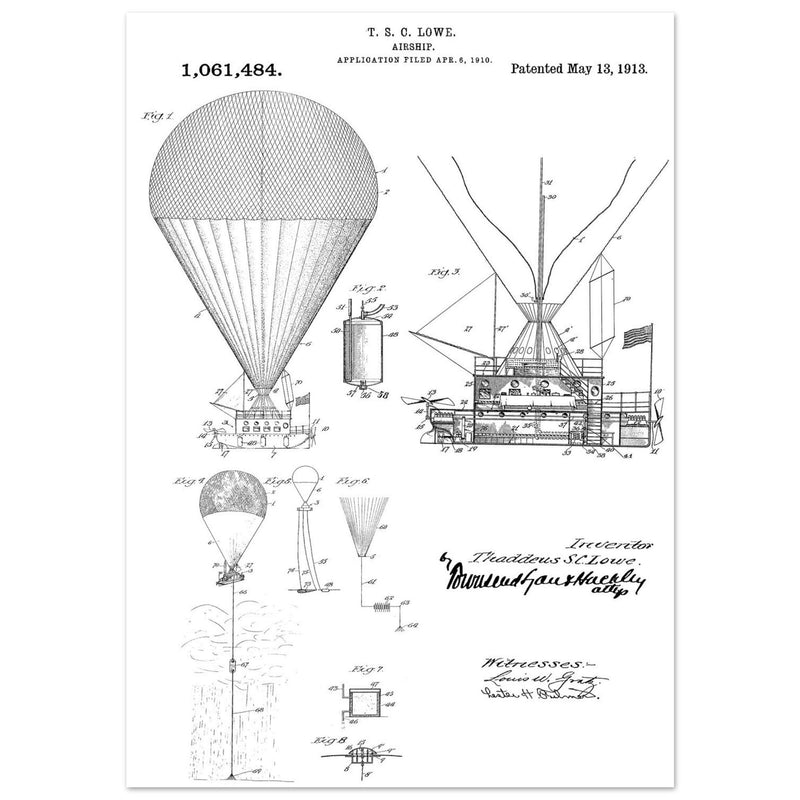 Airship patent illustration by T S C Lowe. Air Balloon