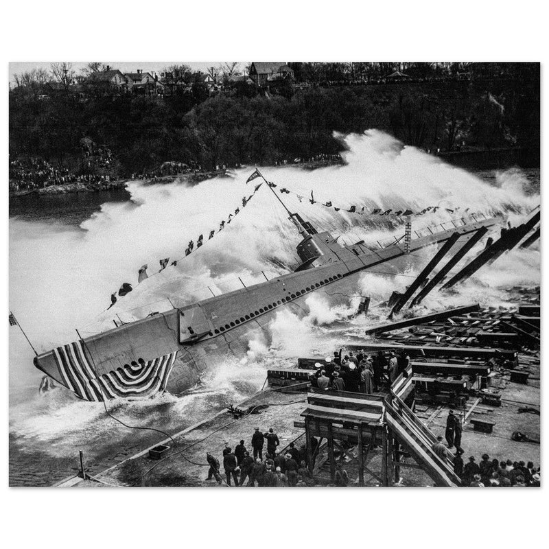 World War 2 black and white photograph. Launching of USS ROBALO warship.