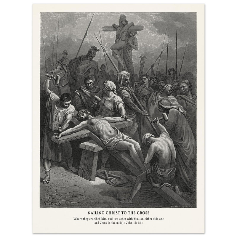 Gustave Dore The Bible engraving print . Nailing Christ to the cross illustration .