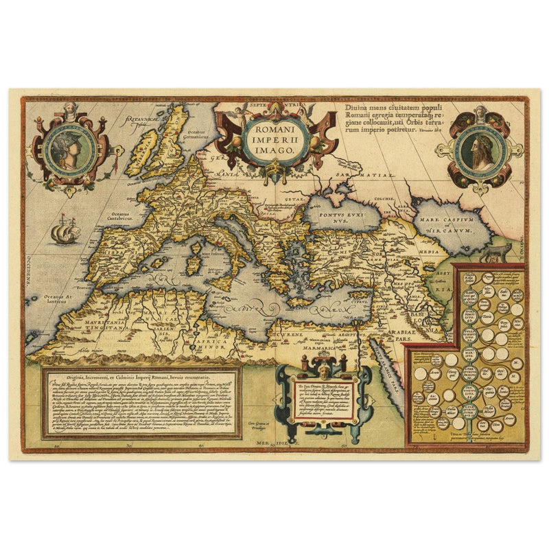 Old map of the Roman Empire by Abraham Ortelius . Poster vintage reproduction of 1579 cartography