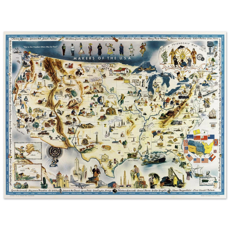 Makers of the U.S.A. A Friendship Map by Louise E. Jefferson. Pictorial map of the United States of America.