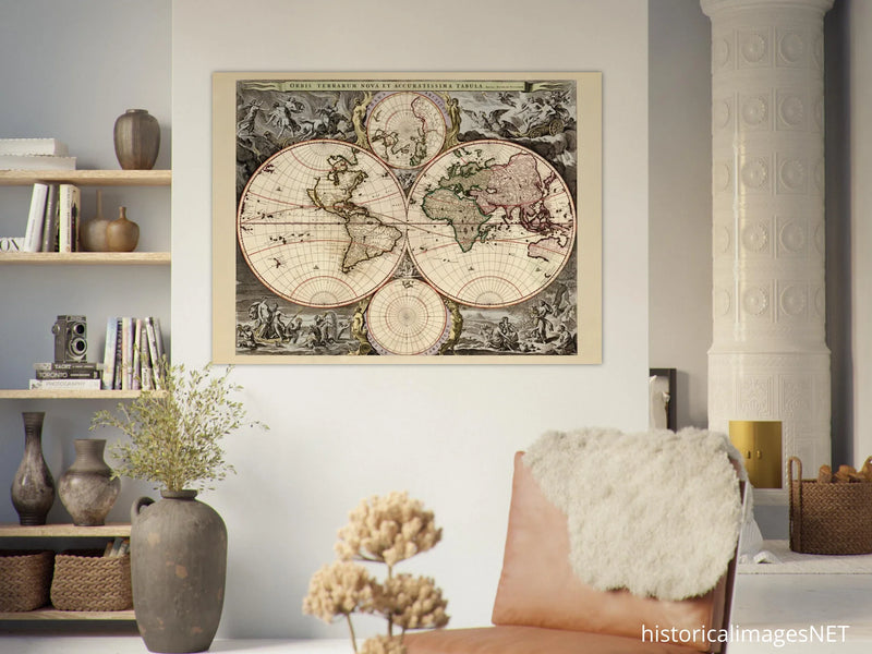 Antique world map print reproduction of the XVII Century. Orbis terrarum nova by Nicolaes Visscher II