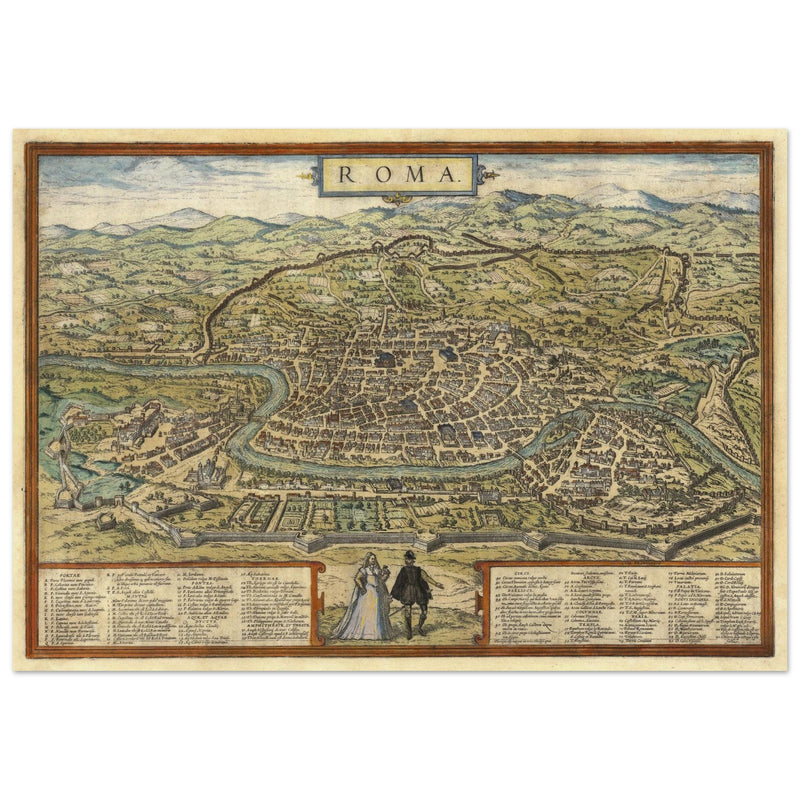 Ancient map of Rome with engravings by Georg Braun and Frans Hogenberg.