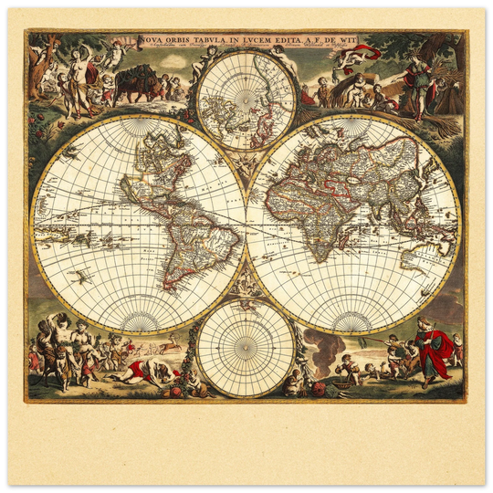 Antique world map. 1660 double-hemisphere world map titled Nova Orbis Tabula, in Lucem Edita by Frederik de Wit