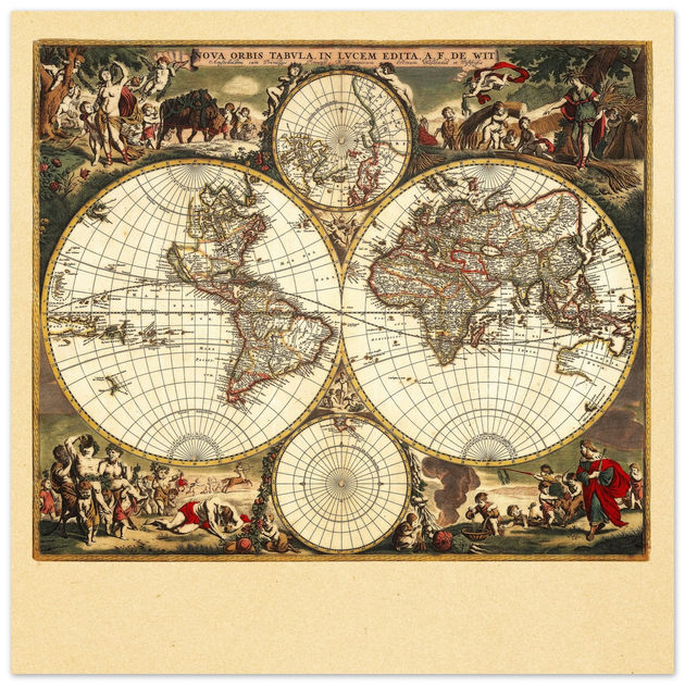 Antique world map. 1660 double-hemisphere world map titled Nova Orbis Tabula, in Lucem Edita by Frederik de Wit