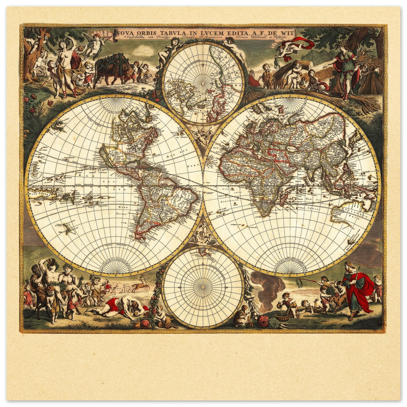 Antique world map. 1660 double-hemisphere world map titled Nova Orbis Tabula, in Lucem Edita by Frederik de Wit