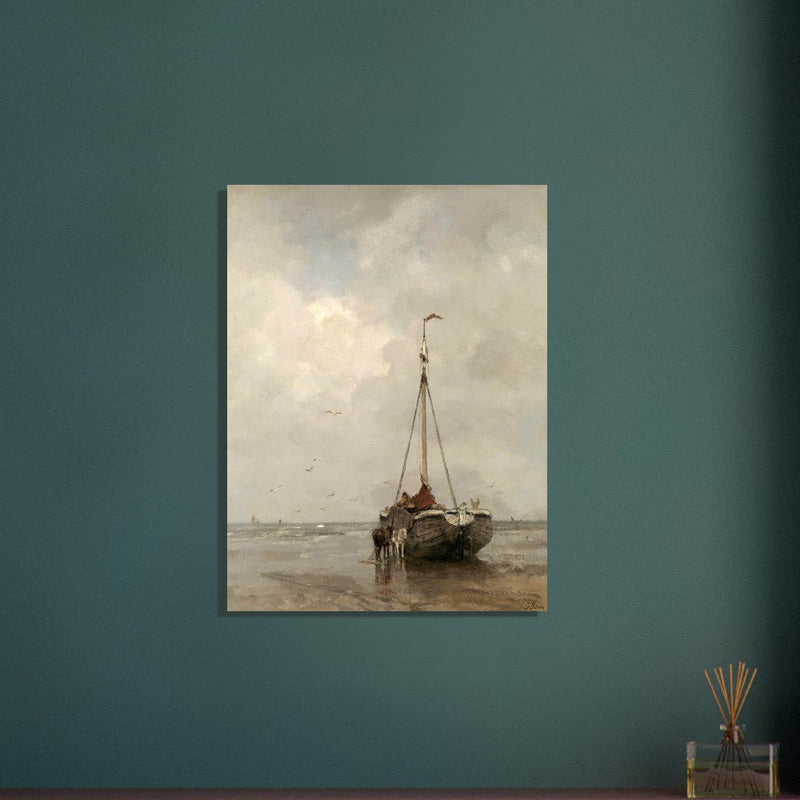 Jacob Maris old marine painting Bluff-bowed Fishing Boat on the Beach at Scheveningen.