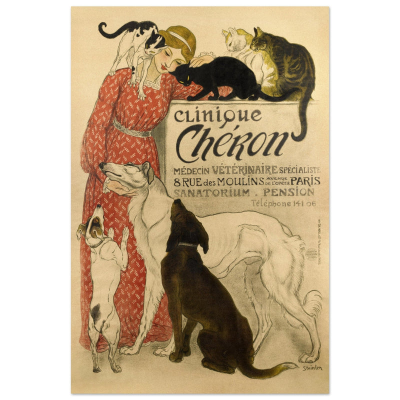 Theophile Steinlen Clinique Cheron. Beautiful vintage poster depicting a woman surrounded by cats and dogs in a veterinarian clinic.