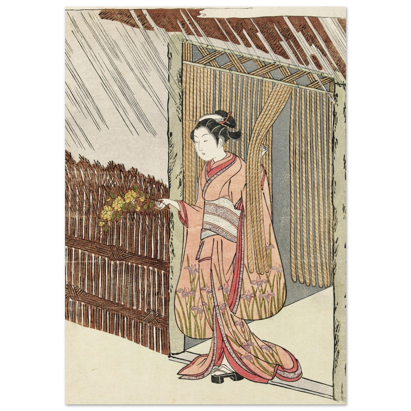 Girl with a yamabuki branch in hands by Suzuki Harunobu XVIII Century Woodblock print reproduction,