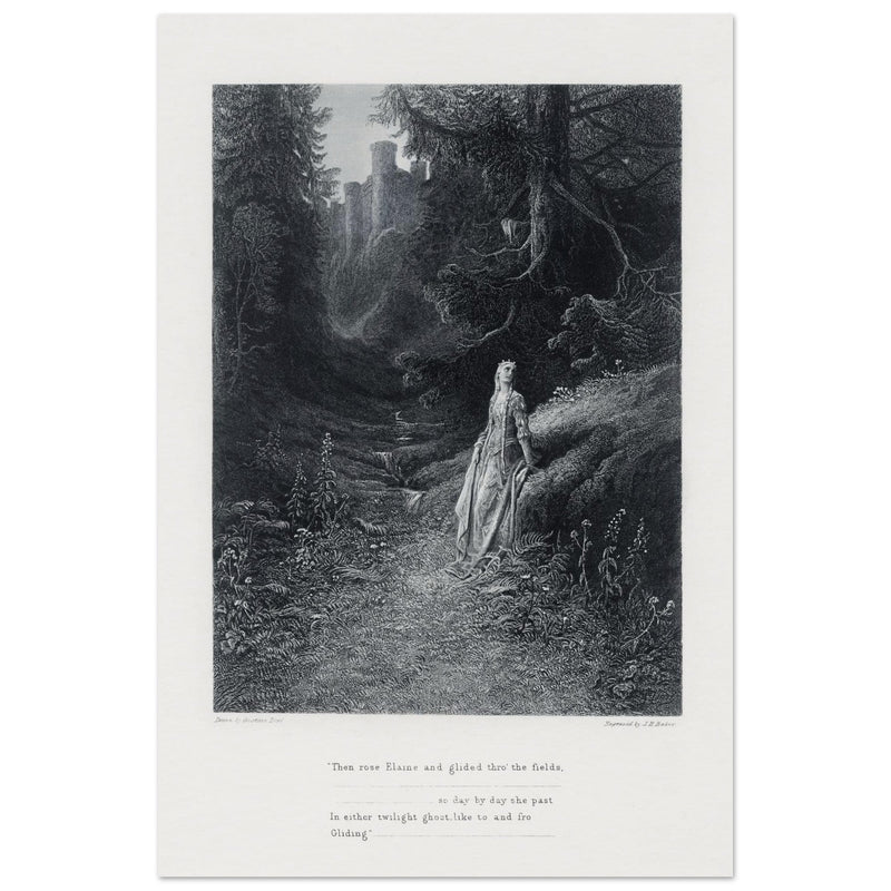 Gustave Dore illustration of King Arthur legend .Elaine on her Road to the Cave of Lancelot. book Idylls of the King by Alfred Tennyson