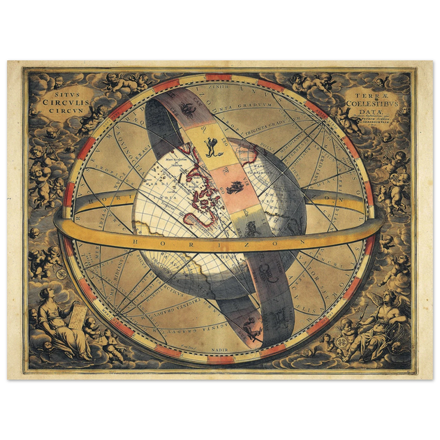 Ptolemaic map of the universe with the spherical earth. Celestial map. Situs Circulis Circun / Terrae Coelestibus Datae by Petrum Schenk