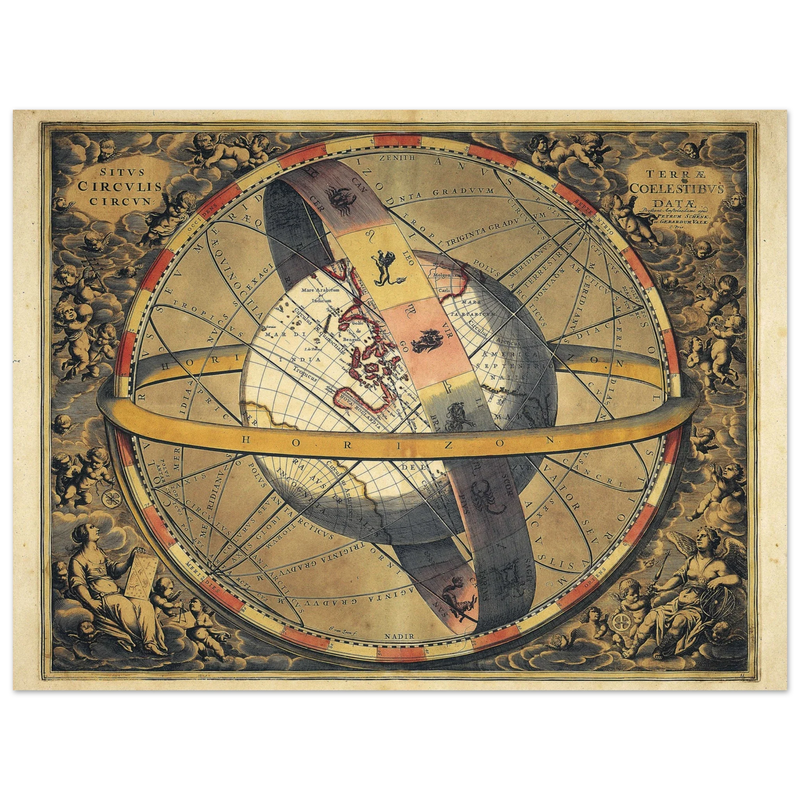 Ptolemaic map of the universe with the spherical earth. Celestial map. Situs Circulis Circun / Terrae Coelestibus Datae by Petrum Schenk