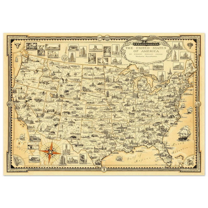 United States of America vintage map by Ernest Dudley Chase celebrating landmarks and national symbols of identity.
