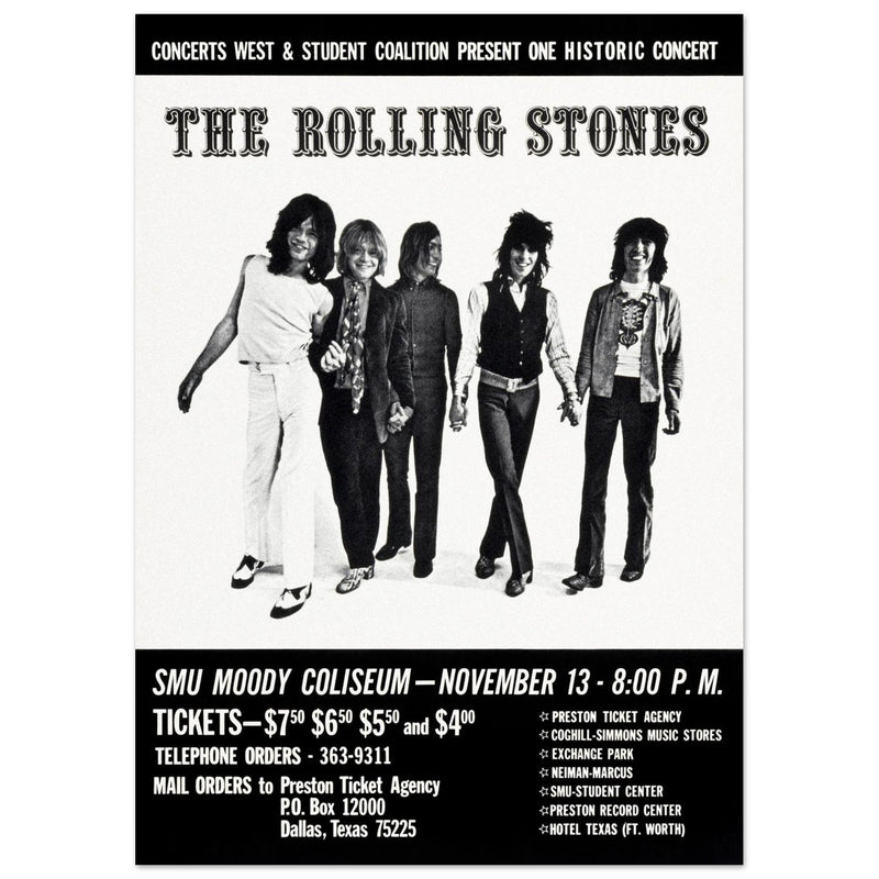 The Rolling Stones music poster of their performance at Dallas Texas in 1969.