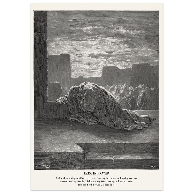 Gustave Dore The Bible engraving print . Ezra in prayer illustration .