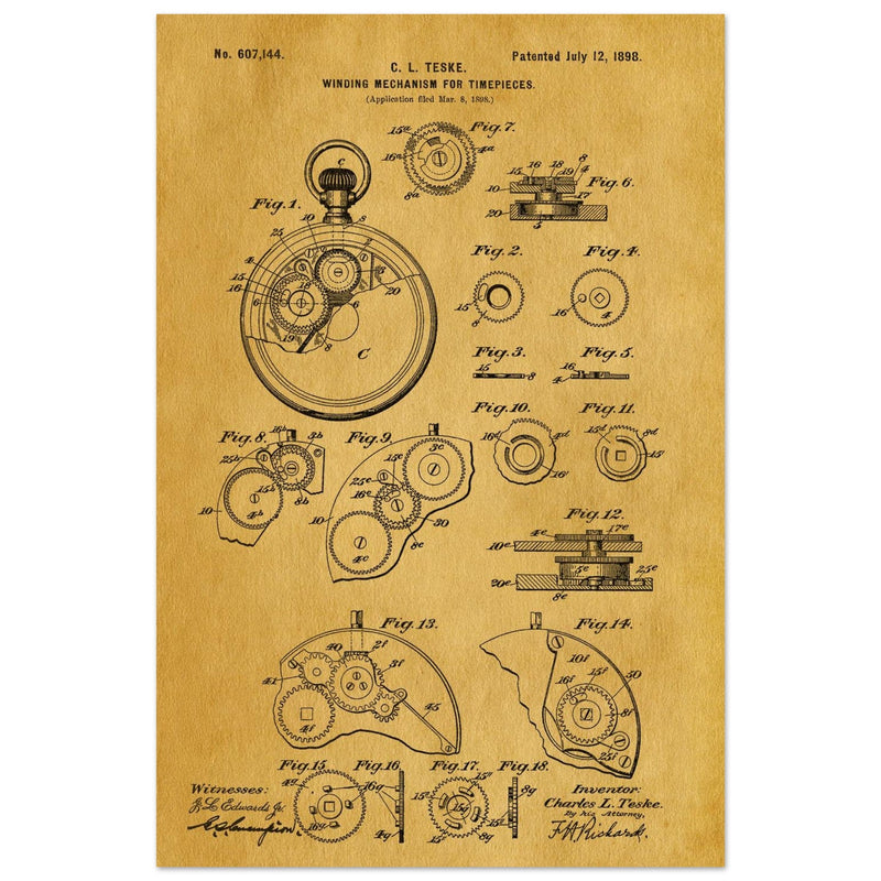 Winding Mechanism for Time Pieces, vintage clock patent .