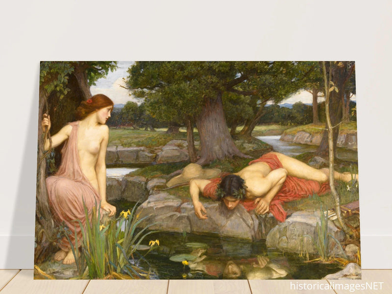 Echo and Narcissus by John William Waterhouse 1903.  from antique painting. Roman mythology.