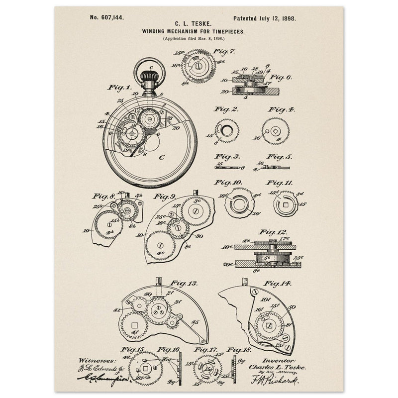 Winding Mechanism for Time Pieces, vintage clock patent .