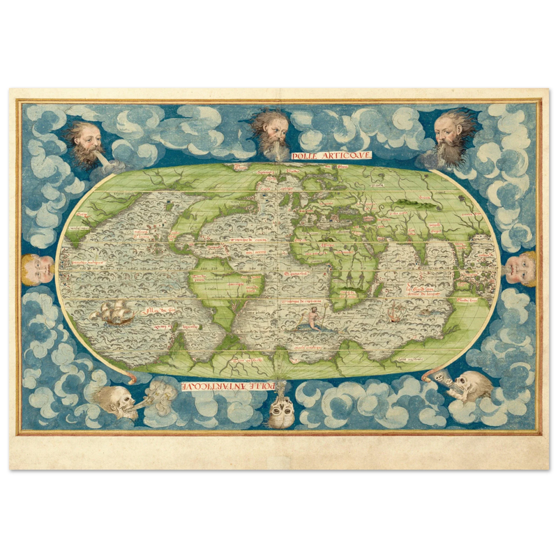 Ancient vintage old map of the world poster reproduction by Guillaume Le Testu 1555