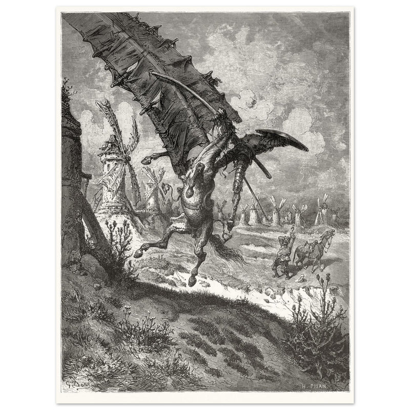 Don Quixote illustration by Gustave Dore. Fight with the wind mills .