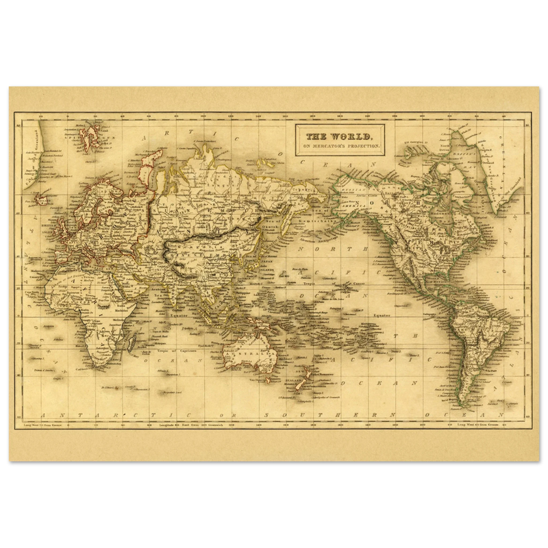 Ancient map of the world. The world on Mercator projection
