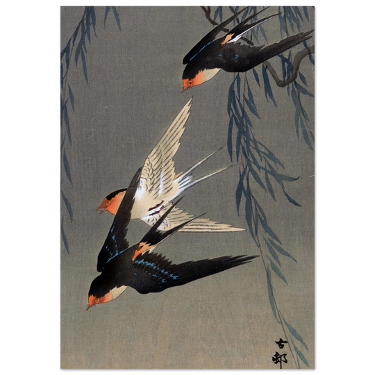 Ohara Koson Three red-rumped swallows in a dive