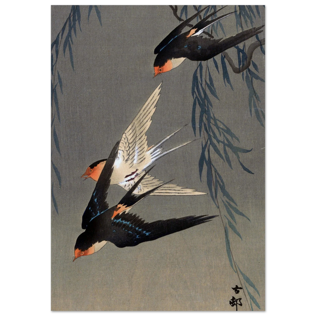 Ohara Koson Three red-rumped swallows in a dive