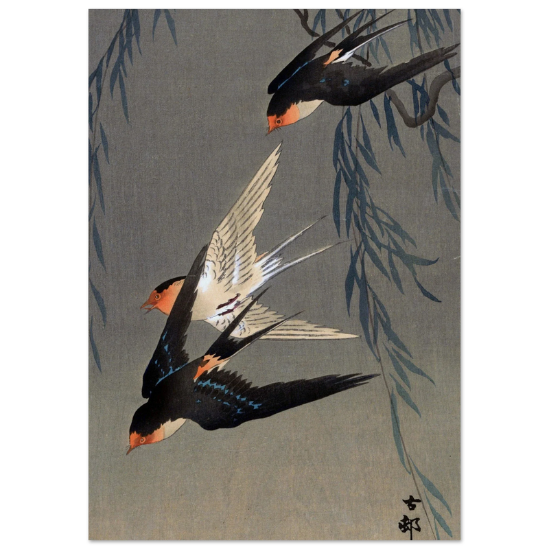 Ohara Koson Three red-rumped swallows in a dive