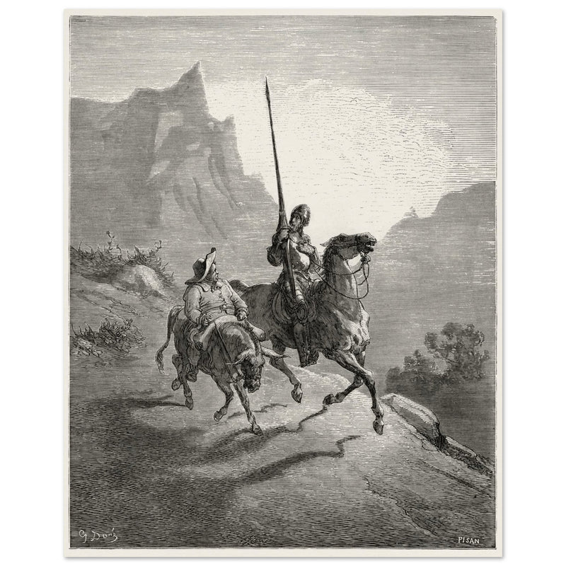 Don Quixote riding with Sancho Panza illustration by Gustave Dore.