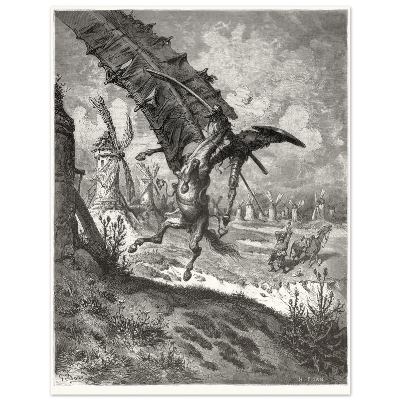 Don Quixote illustration by Gustave Dore. Fight with the wind mills .