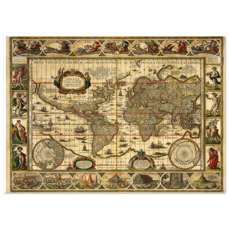 Ancient world map print by Willem Janszoon. Poster of antique vintage old map of 1647.