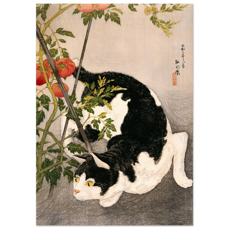 Black Cat and Tomato Plant vintage poster reproduction by Takahashi Hiroaki 1931