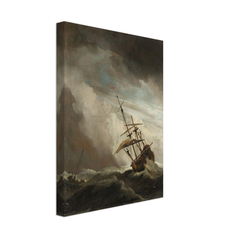 Willem van de Velde A Ship on the High Seas Caught by a Squall, Known as The Gust. Old marine painting. Stormy sea.