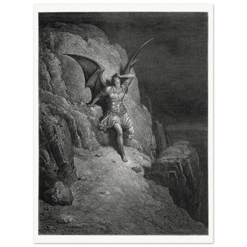Gustave Dore Paradise Lost engraving . Torment of Satan despair as he realizes his fall.