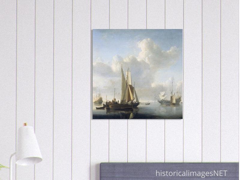 Willem van de Velde Ships before the coast. Marine landscape painting.
