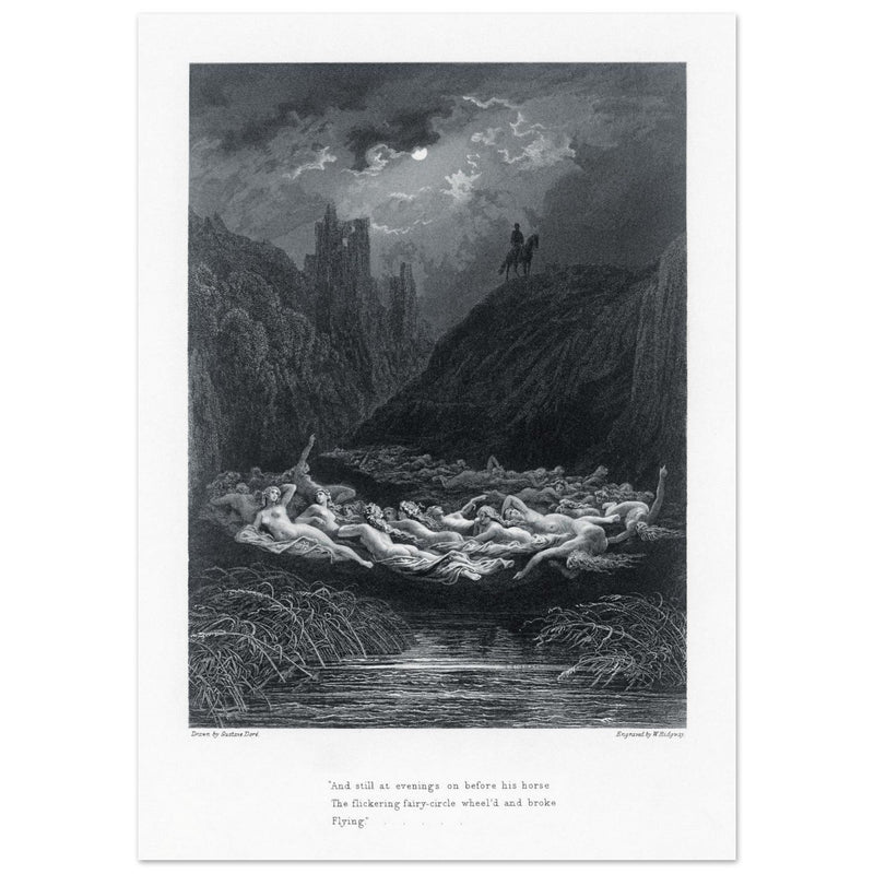 Gustave Dore illustration of King Arthur legend . The Fairy Circle. From the book Idylls of the King by Alfred Tennyson.
