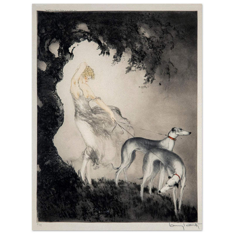 Louis Icart’s Gust of Wind (1925) Woman with her greyhound dogs.