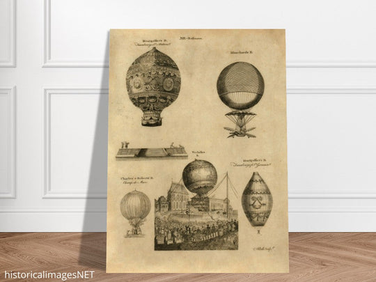 Early balloon ascensions in France. XVIII Century illustration drawing.