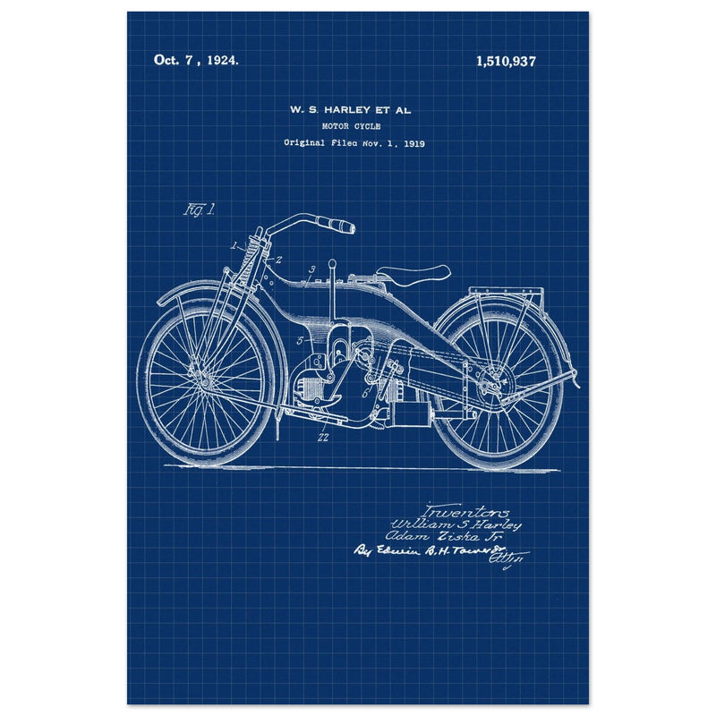 Vintage motorcycle patent by William S Harley founder of harley davidson.