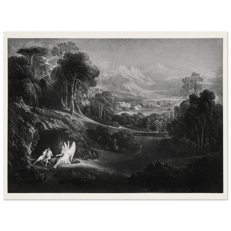 John Martin Paradise Lost vintage mezzoting engraving . Raphael Conversing with Adam and Eve .