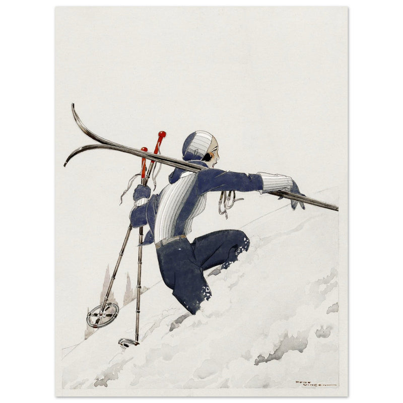 Skieuse a pied dans la neige by René Vincent. Female skier illustration.