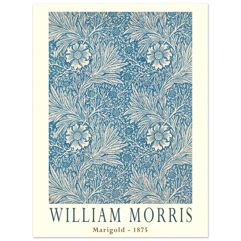 William Morris Marigold art print. Vintage wallpaper reproduction. Blue floral pattern.