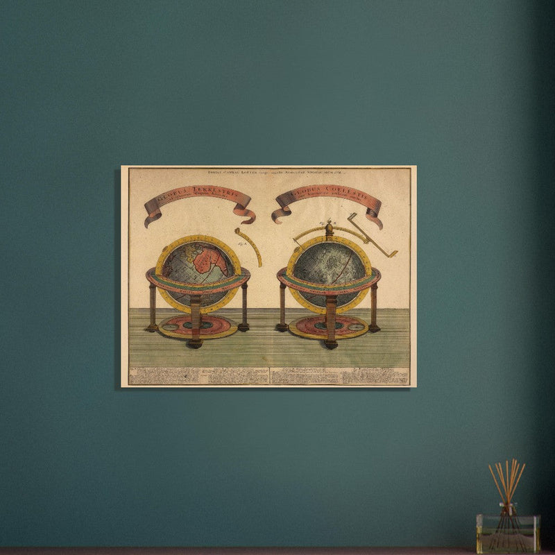Antique globe spheres.  art print of two ancient planet earth and celestial globes. 1774