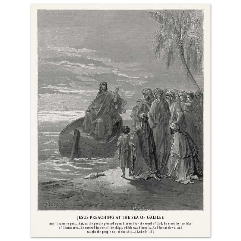 Gustave Dore The Bible engraving print . Jesus preaching at the sea of Galilee .