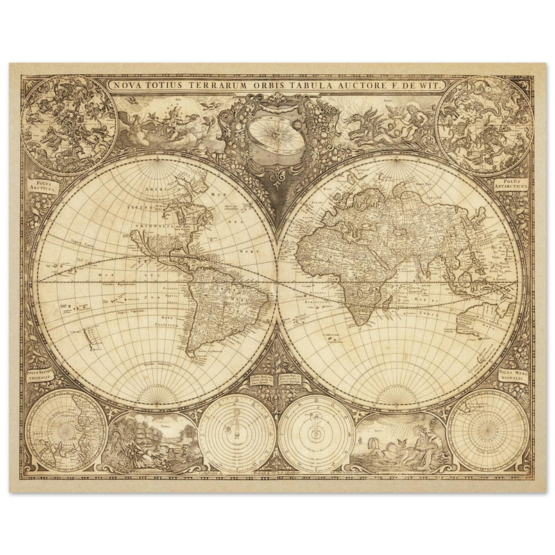 Old vintage world map Double hemisphere Nova totius terrarum orbis tabula by Frederik de Wit