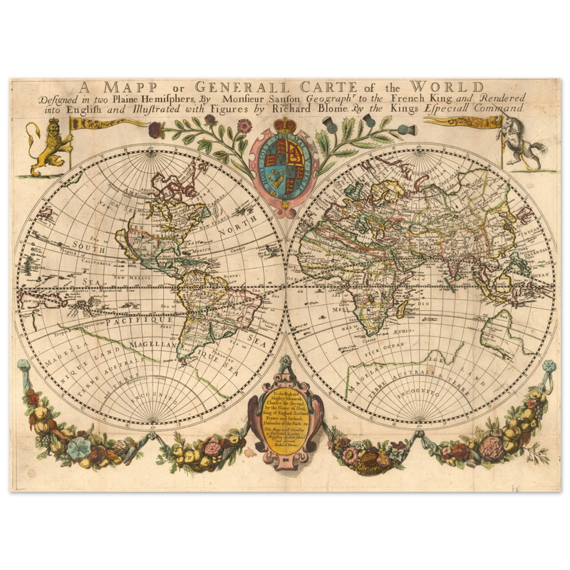 Antique world map poster reproduction by Richard Blome 1670